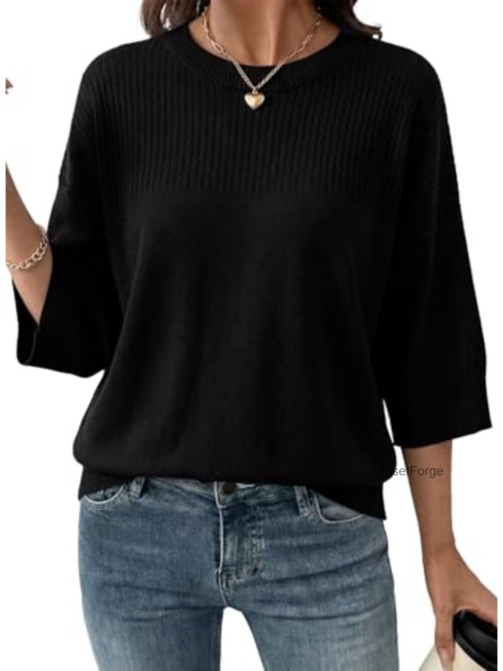 Oversized Lightweight Knit Sweater 3/4 Sleeve Drop Shoulder Crewneck Cozy